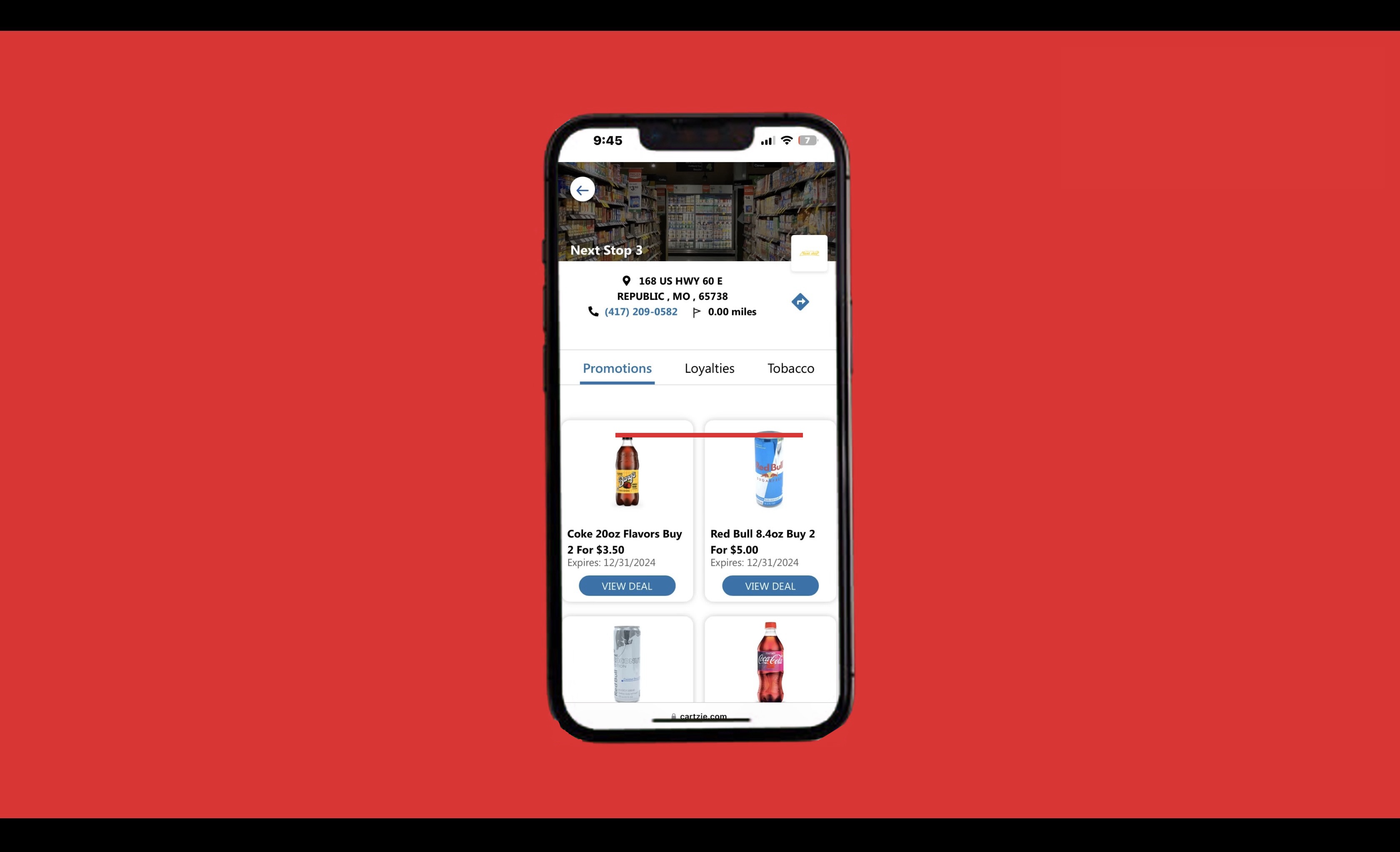 Fuel Forward app showing NextStop promotions